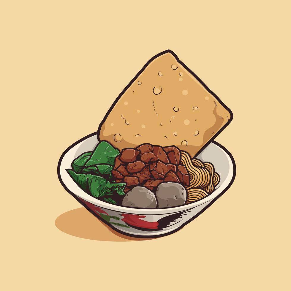 Indonesian Chicken Noodles or Bakmi with Meatball, Vegetables, and Crackers vector