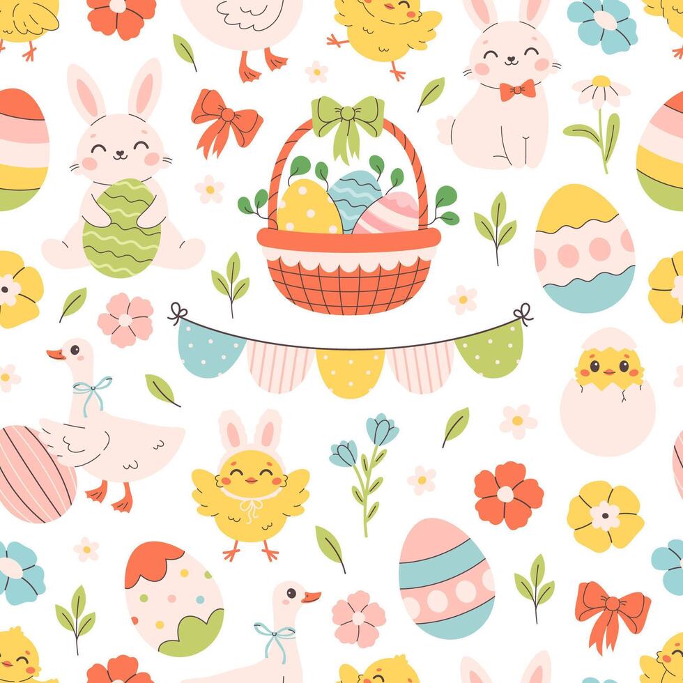 Easter seamless pattern with bunnies, chicks, painted eggs, basket with eggs, flowers, goose. Printing on textiles, wallpaper, wrapping paper vector