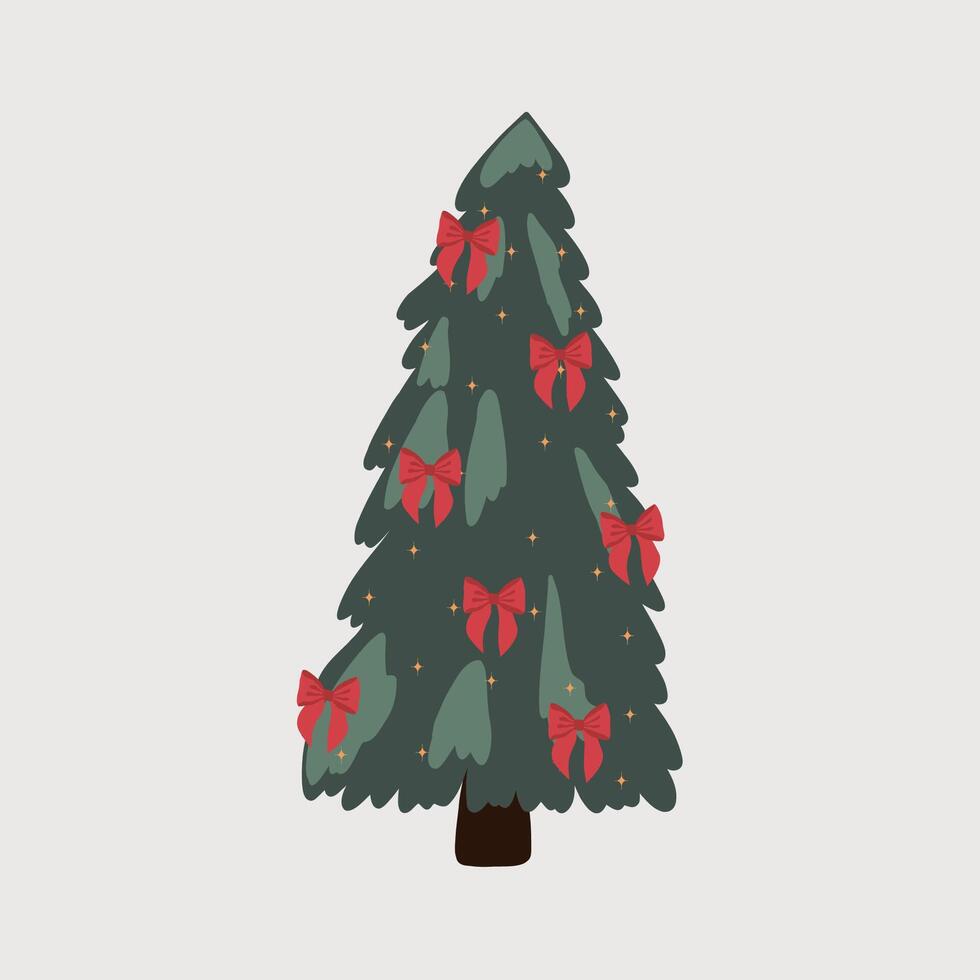 Christmas tree is decorated with red bows and stars. Merry Christmas. Happy New Year. Festive decoration single objects. Hand drawn illustration vector