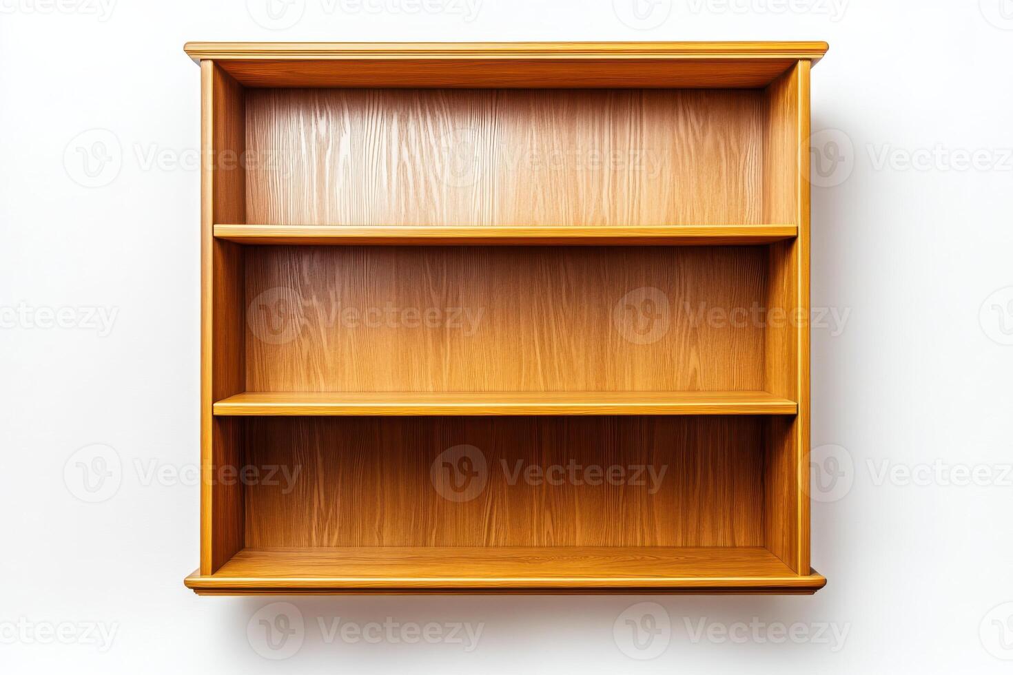 Modern wooden bookshelf design with three spacious shelves on a clean white background photo