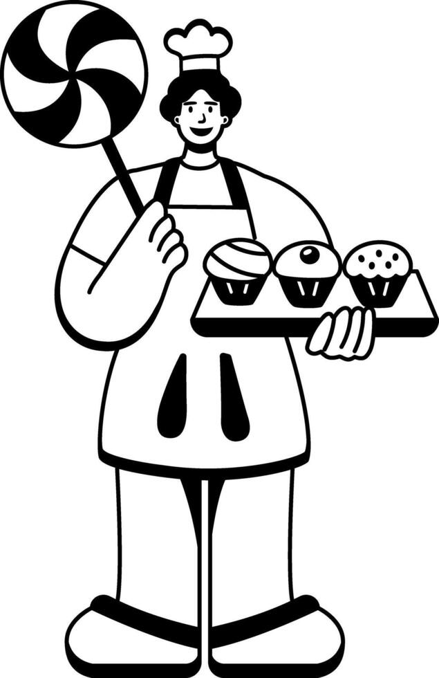 Confectioner holding cupcake tray and big lollipop, illustration in glyph style vector