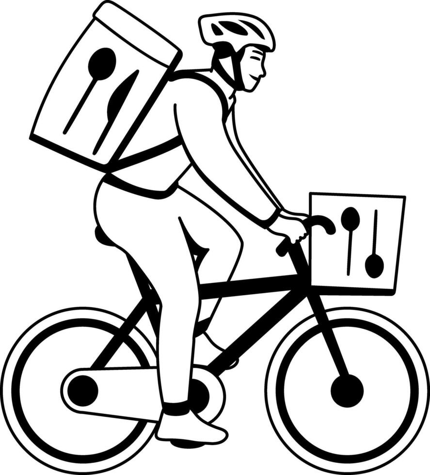 Delivery person riding a bicycle, glyph style illustration vector