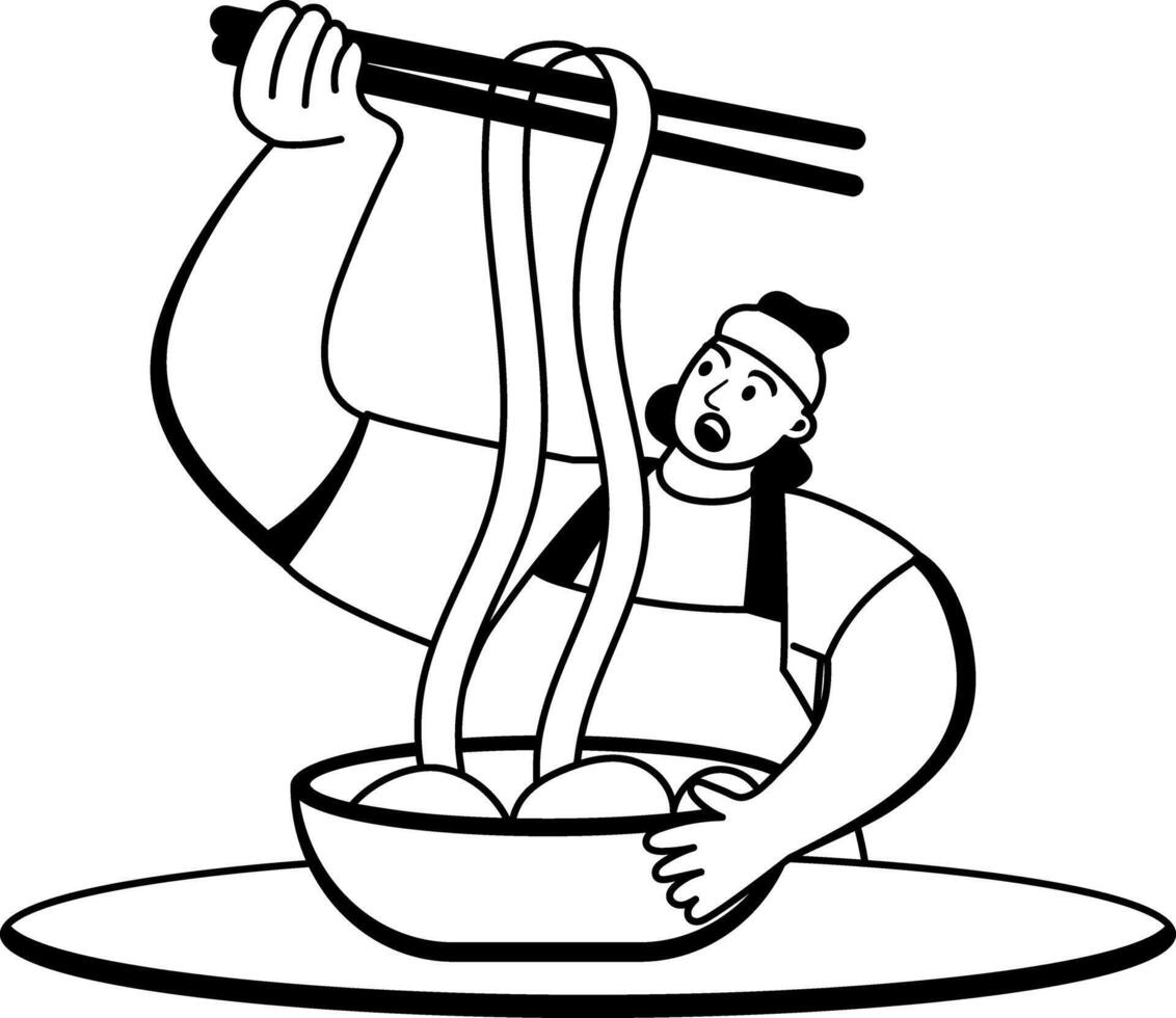 A glyph illustration of a character eating noodles vector