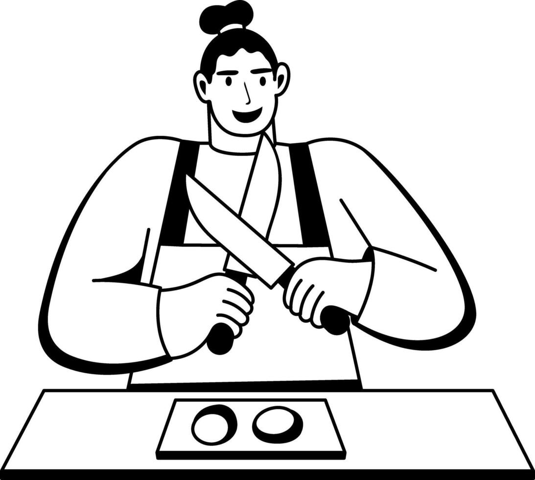 A glyph illustration of character chopping food with sharp knives vector