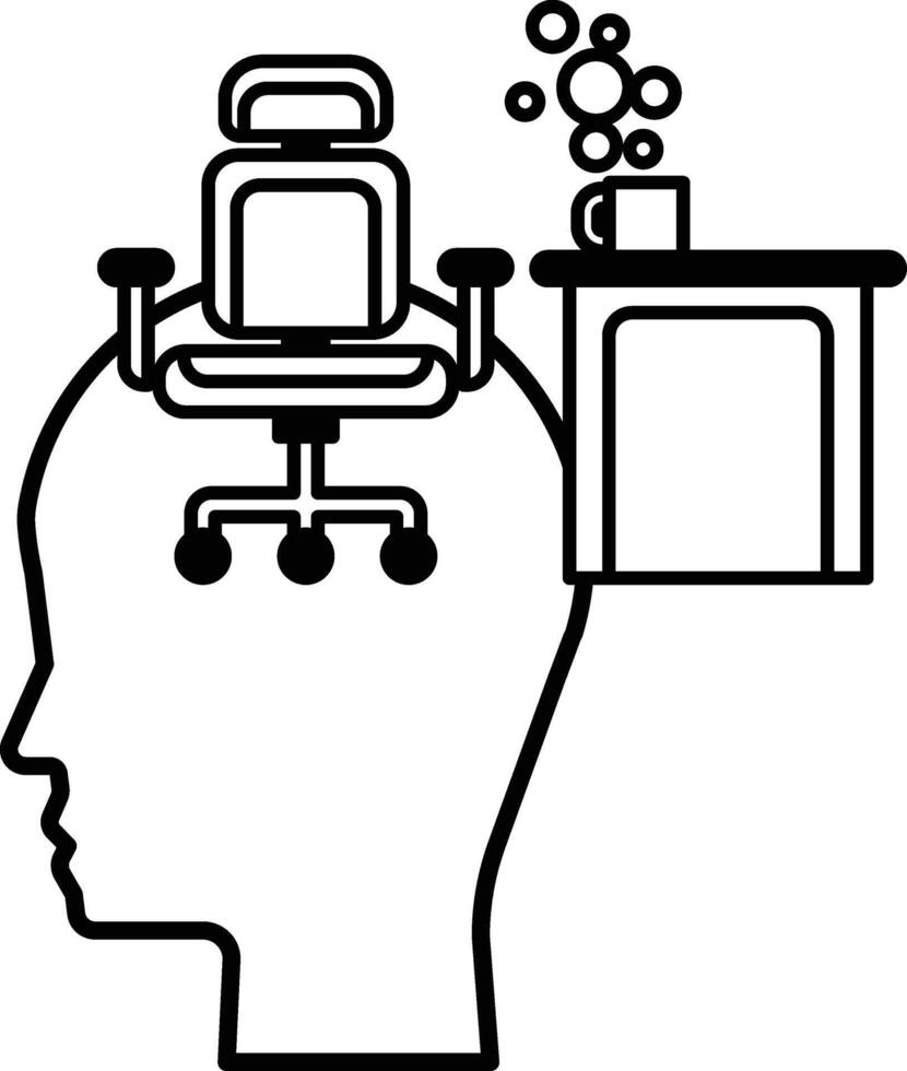 cartoon drawing of a head with a chair and a cup of coffee on a desk vector