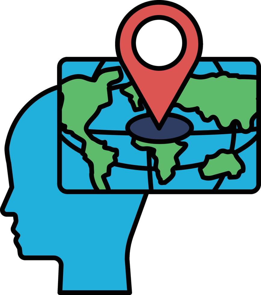 A blue head with a map of the world and a red pin on it vector