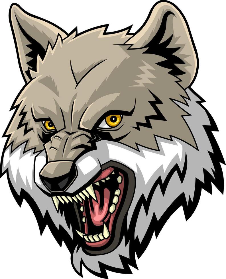 Angry Wolf Face With Yellow Eyes And Snarling Expression vector