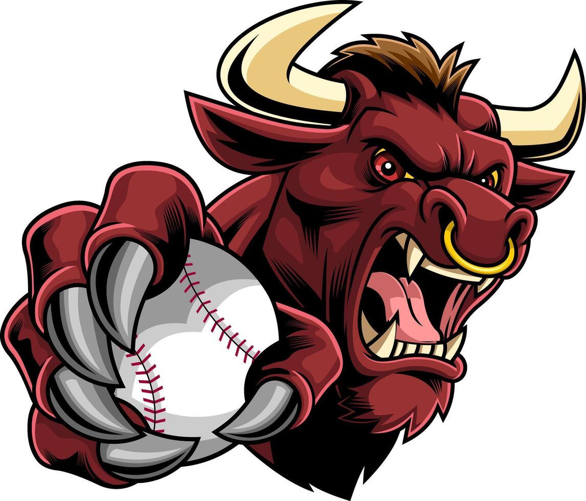 Fierce Red Bull With Open Mouth And Baseball In Grip vector