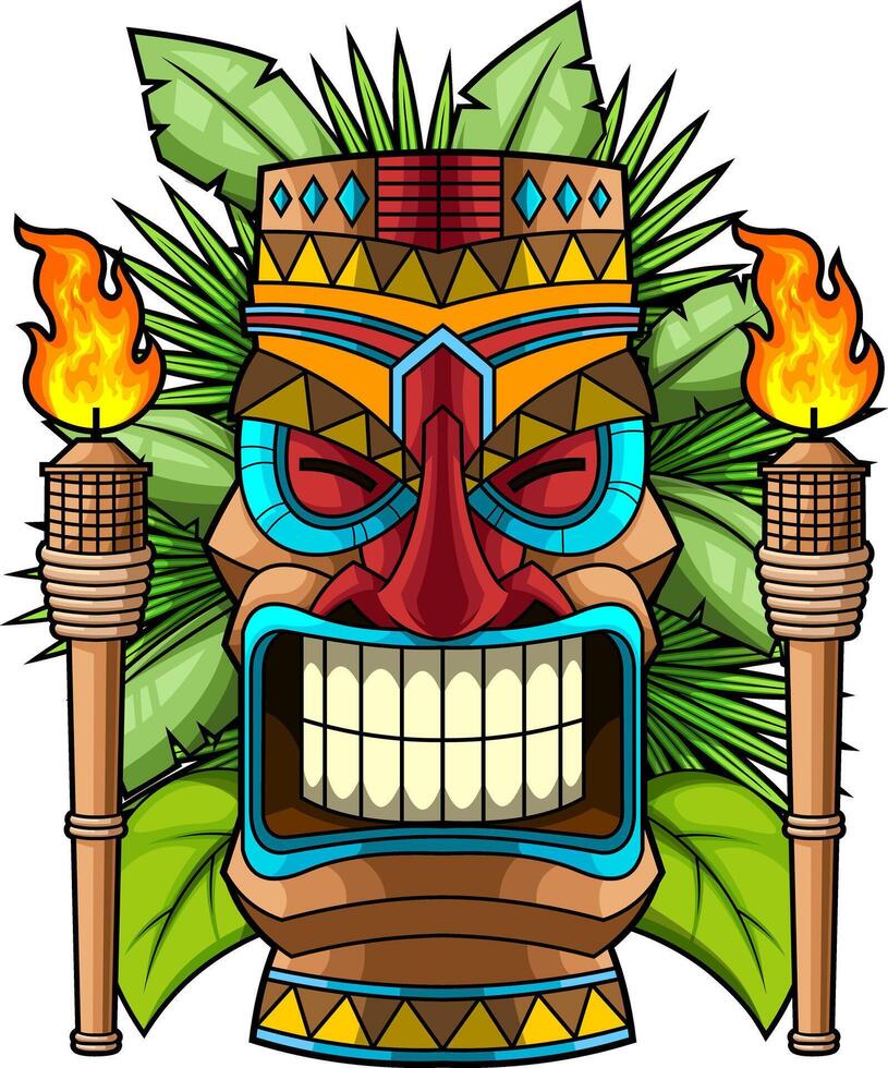 Happy Tribal Tiki Head With Red Nose Bright Eyes And Leaves vector