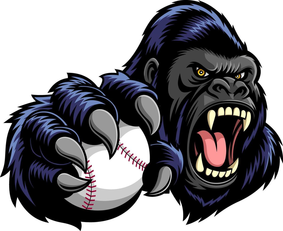 Wild Gorilla With Baseball Ball And Bared Teeth vector