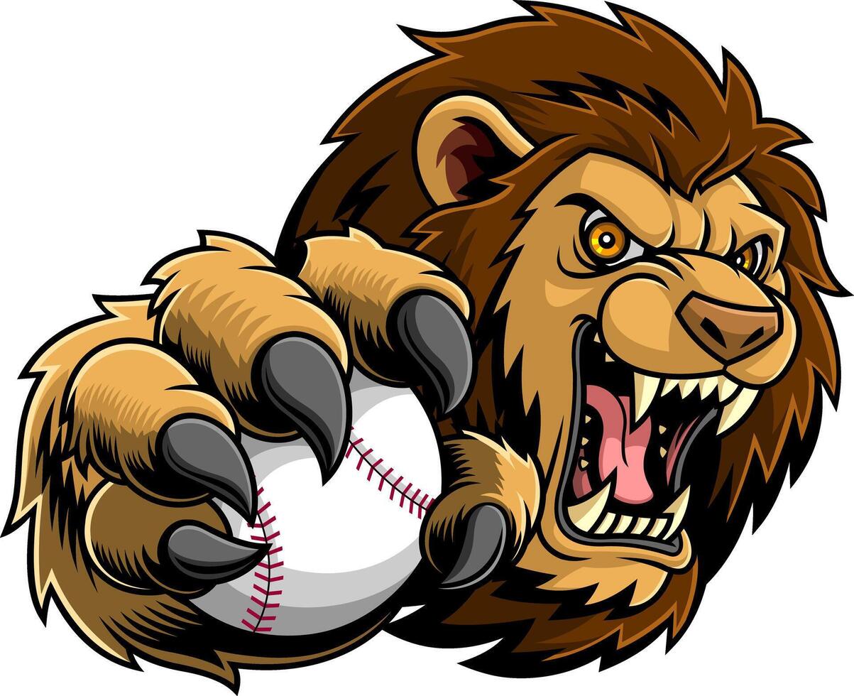 Wild Lion Face With Open Mouth And Baseball Ball In Paw vector