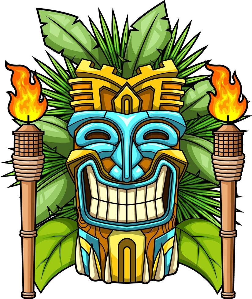 Smiling Tiki Mask With Blue And Gold Colors Flames And Jungle Leaves vector