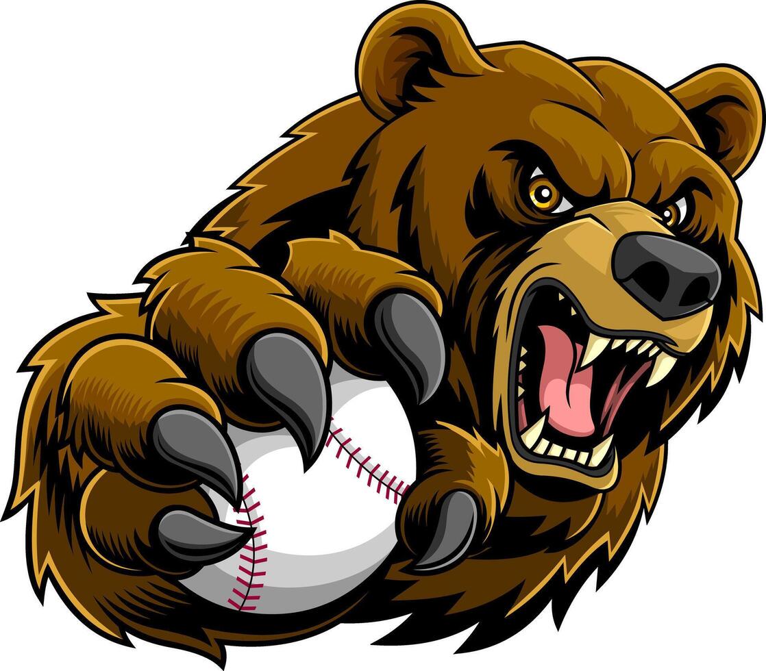 Fierce Grizzly Bear Holding Baseball With Sharp Claws vector