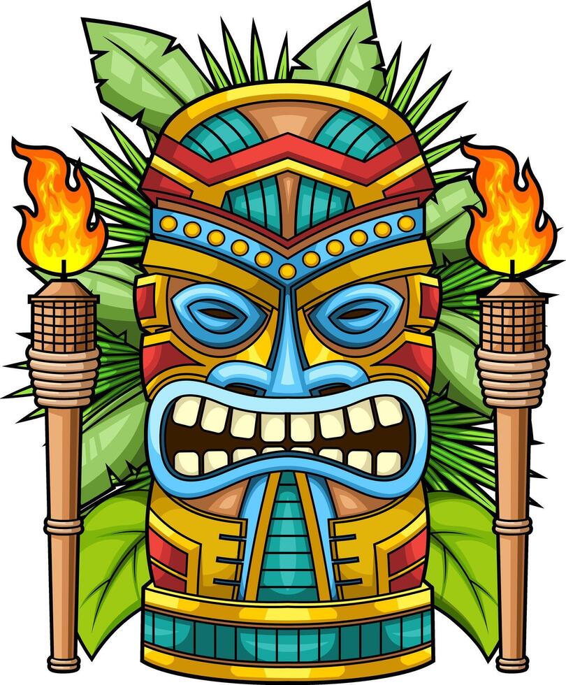 Tribal Tiki Face With Blue Red And Yellow Details And Leaves vector