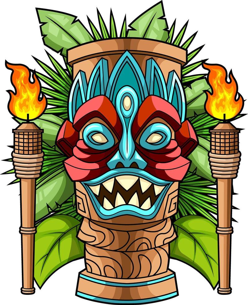 Colorful Tiki Mask With Sharp Teeth Jungle Leaves And Torch Flames vector