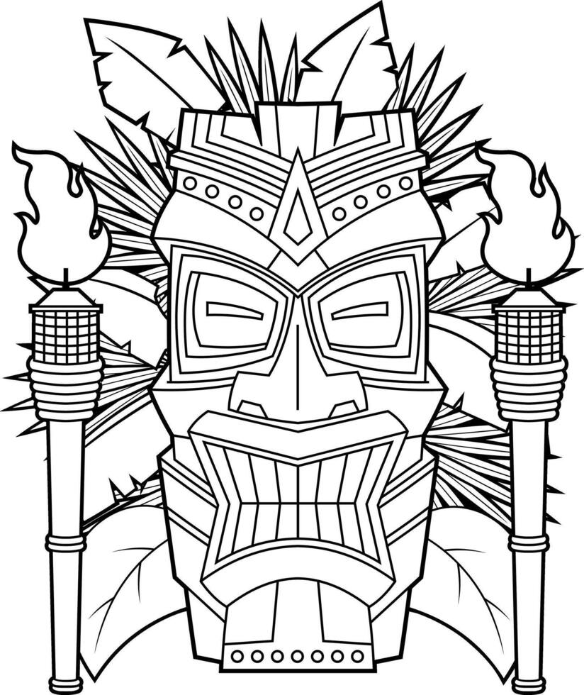 Outline Tiki Mask With Angular Details Torch Flames And Leaf Background vector