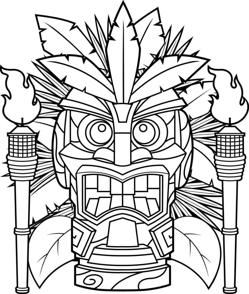 Hand Drawn Angry Tiki Head With Geometric Design And Flames vector