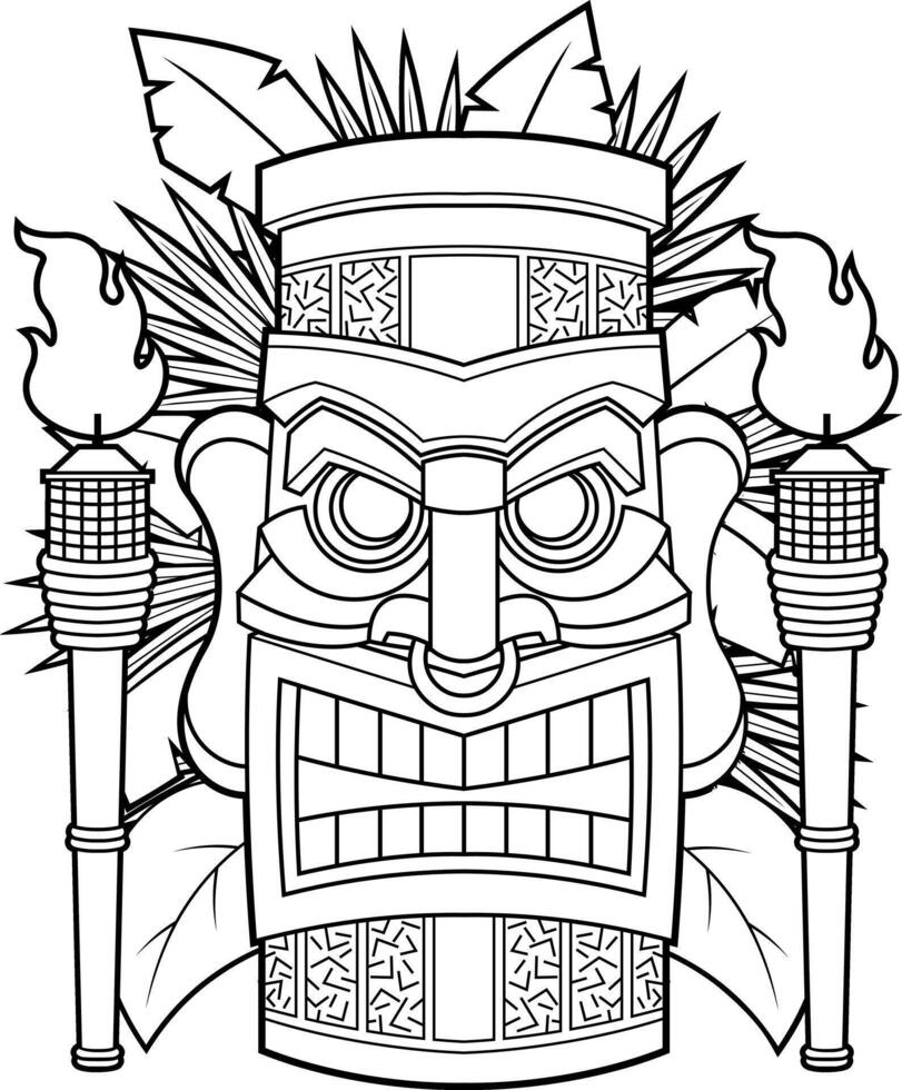 Line Art Tiki Idol With Fierce Face And Decorative Elements vector