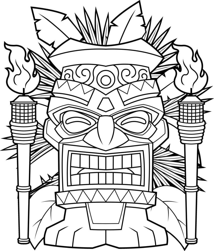 Black And White Tribal Tiki Face With Geometric Patterns And Fire vector