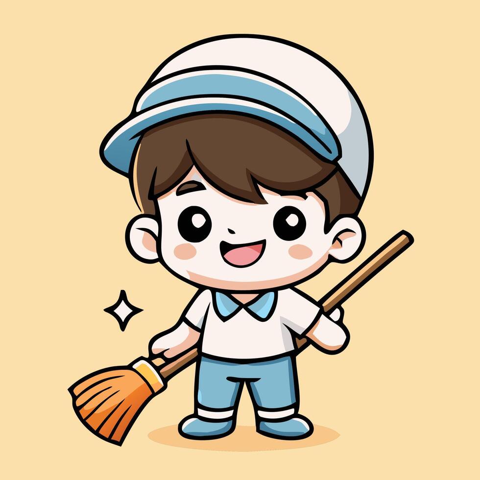 Cute Cartoon Janitor Boy With Broom Sweeping Floor Illustration Character Design vector