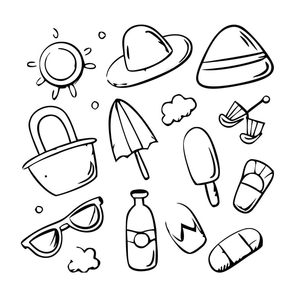 Summer Beach Doodle Elements Collection Sun Hats And Vacation Accessories vector