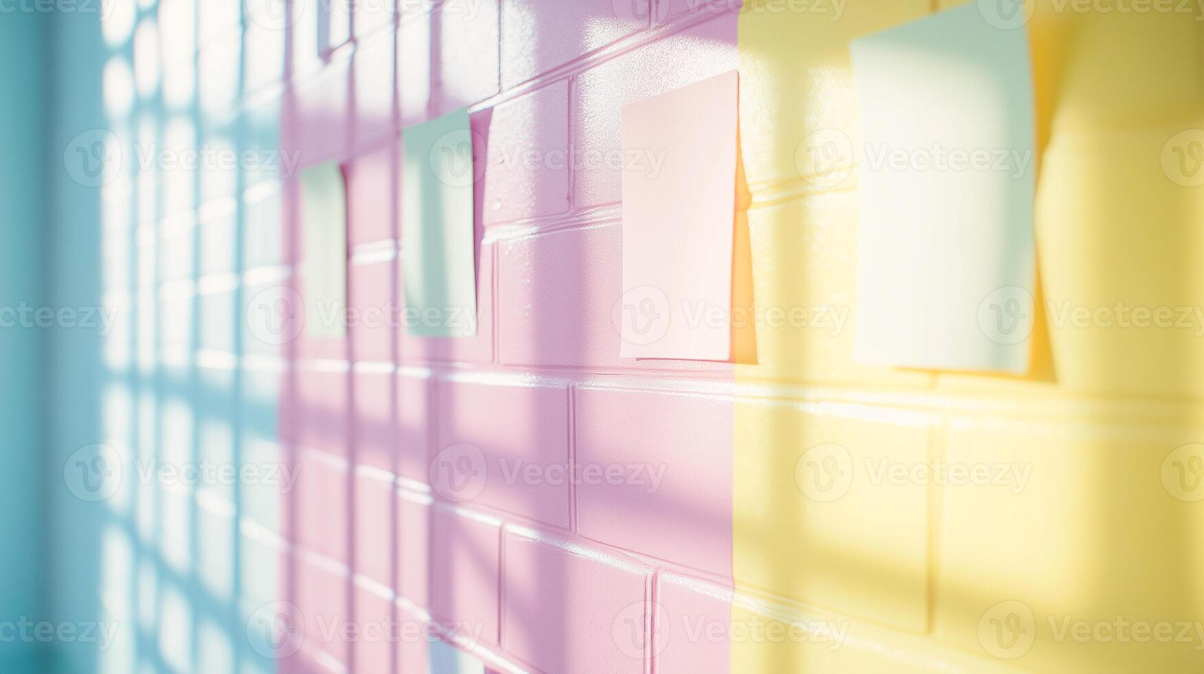 Closeup Blank pastel color sticky notes on brick pastel colorful wall. Prepare for workshop design thinking user experience designer photo