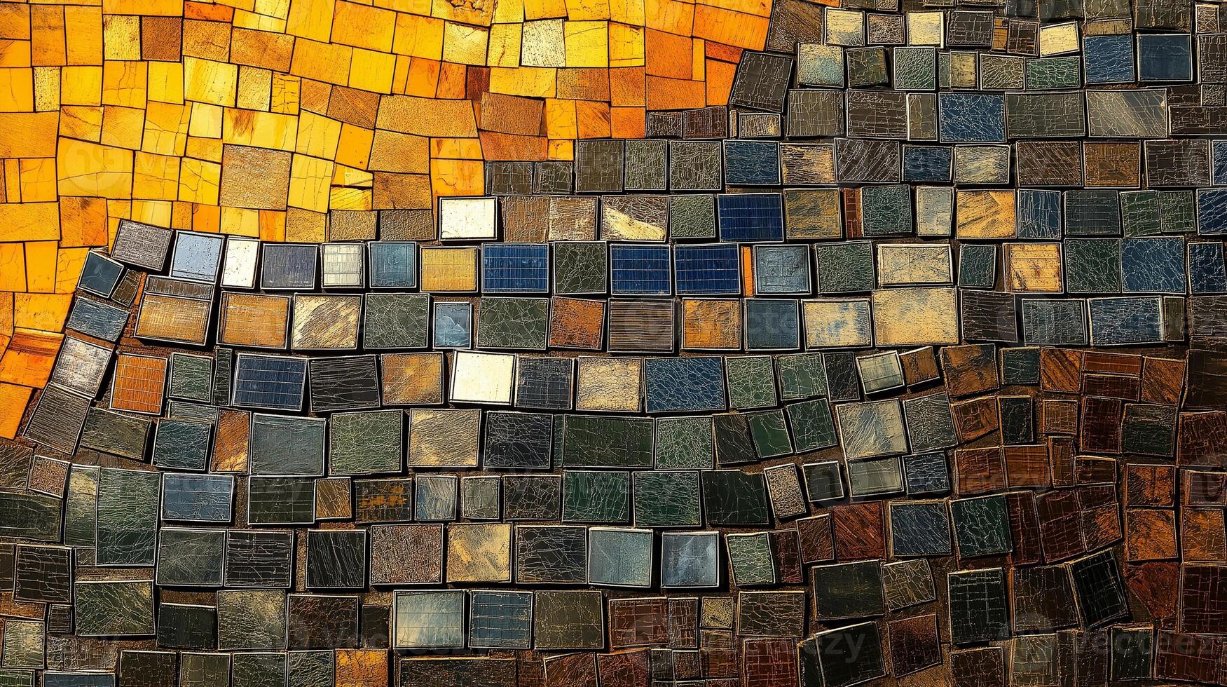 Details of Golden mosaic mixed with stone tiles pattern textured background photo
