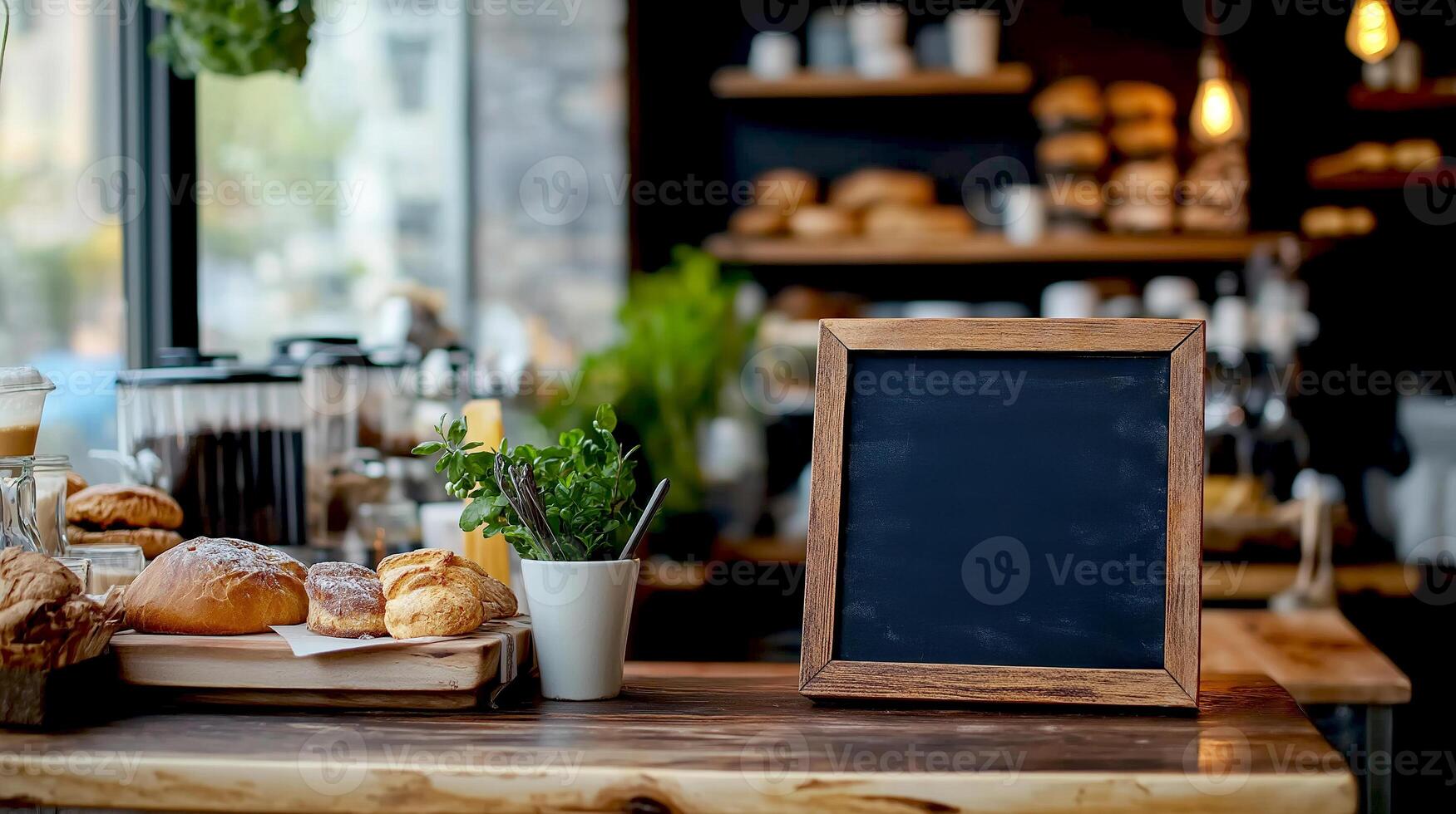 Bakery shop with Clean blackboard with easel on top of wooden table with blurry cafe restaurant background. For the idea, Copy space for menu text on the blackboard with your products photo