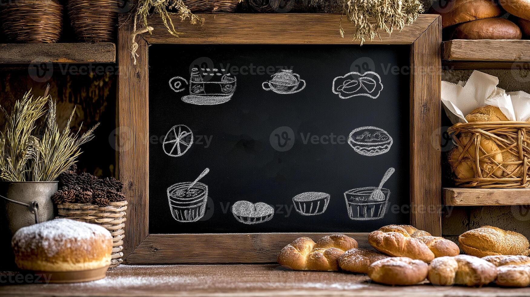 Bakery shop with menu blackboard on top of wooden table with blurry cafe restaurant background. For the idea, Copy space for menu text on the blackboard with your products aside on the table. photo