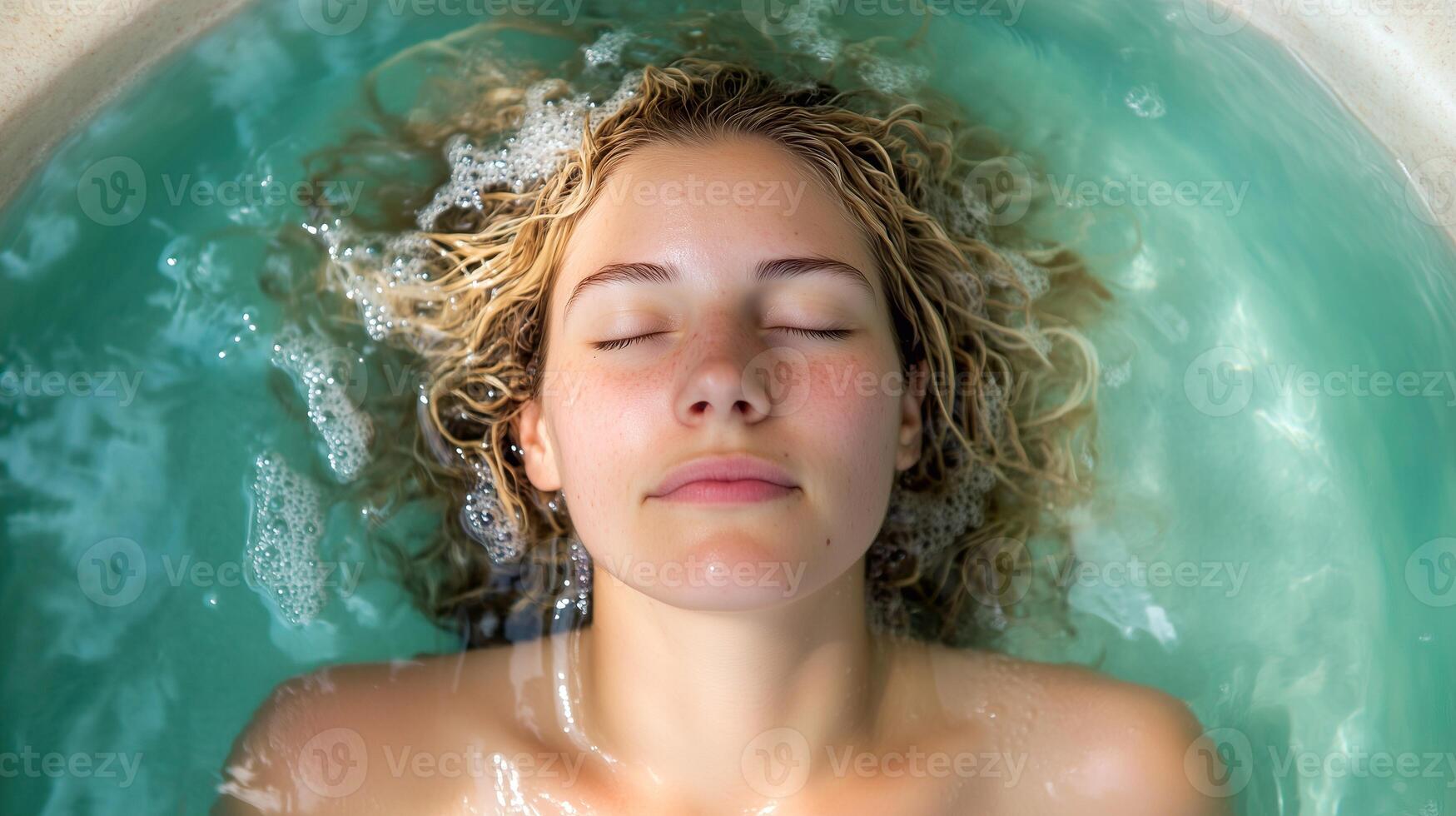 A woman relaxing in an ice bath pod, eyes closed, floating in water. Cold therapy for recovery, wellness, and muscle repair. Refreshing hydrotherapy experience for endurance and healing. photo
