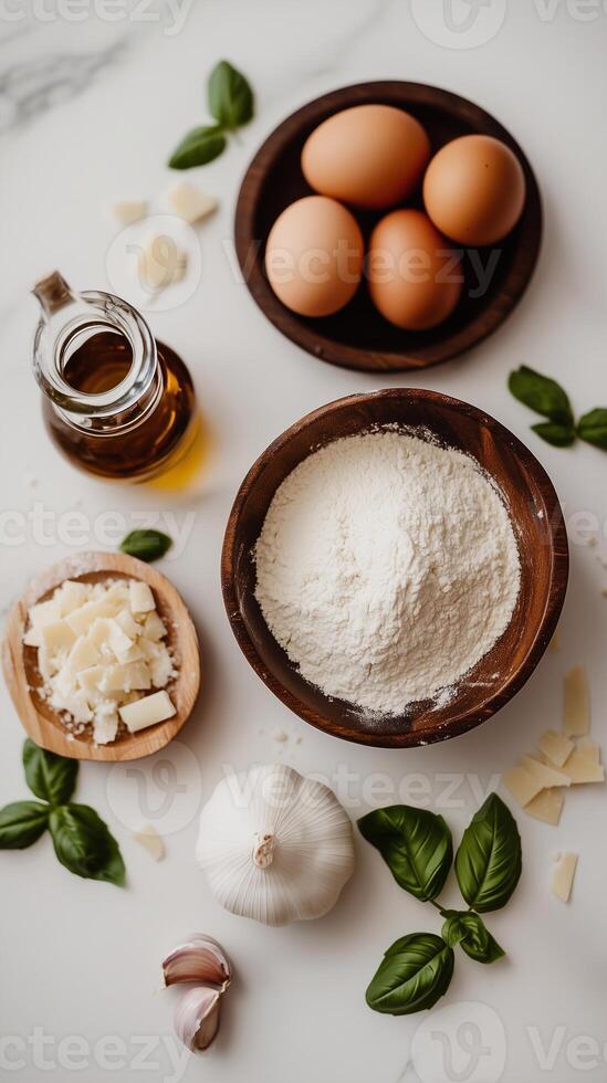Flat lay of fresh pasta ingredients on a marble table. Flour, eggs, garlic, oil, cheese, and basil. Italian cuisine preparation. Culinary still life photography. photo
