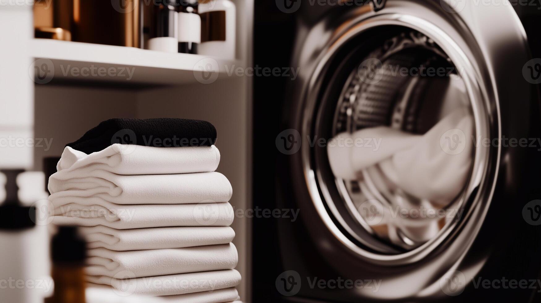 A neatly folded stack of clean laundry next to a washing machine, symbolizing freshness, cleanliness, and home organization. . photo