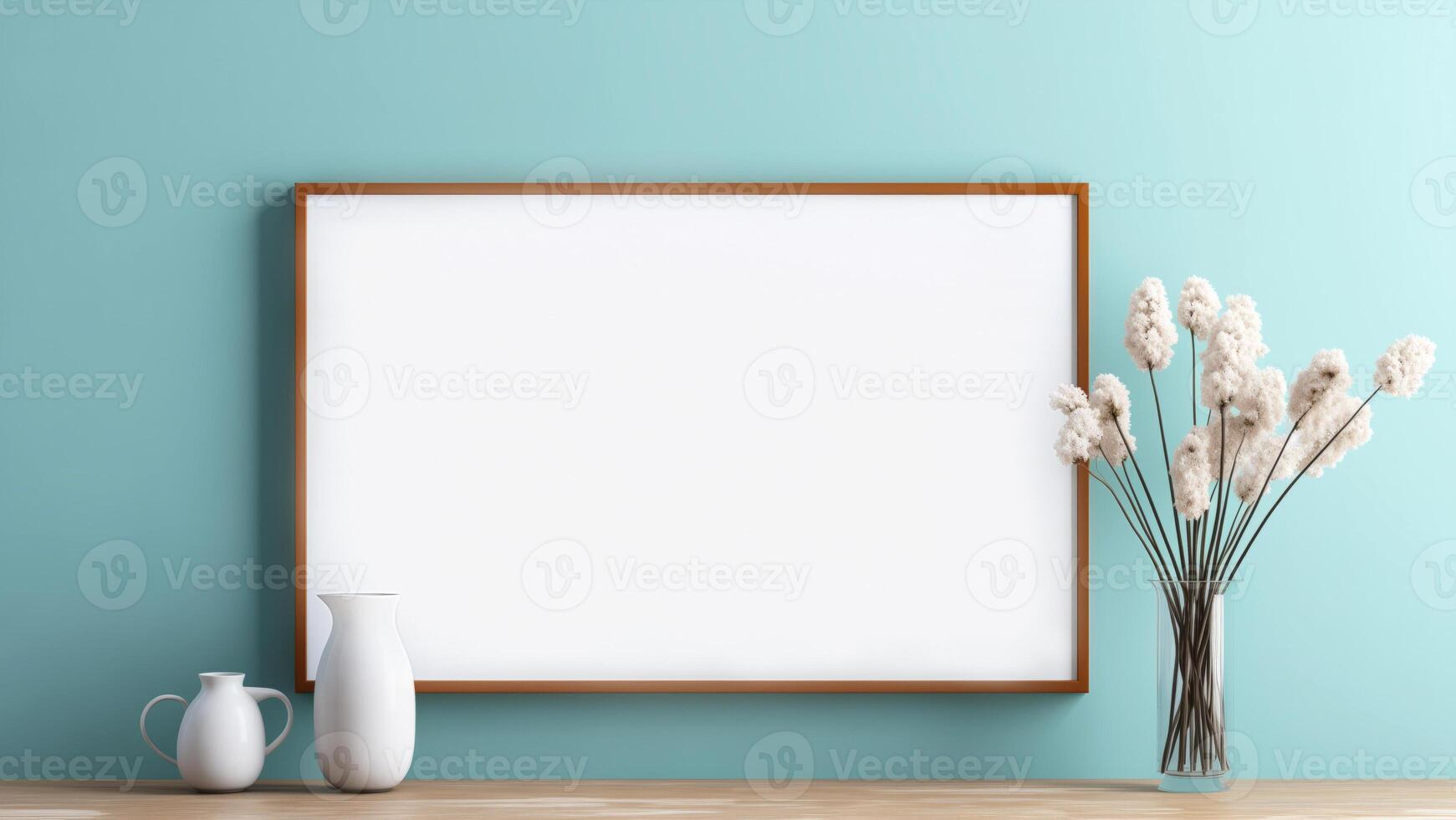 Large blank whiteboard with copy space framed in light wood, mounted on teal wall, two vases and glass vase with fluffy flowers on wooden shelf, ideal for showcasing art, messages, or advertisements photo
