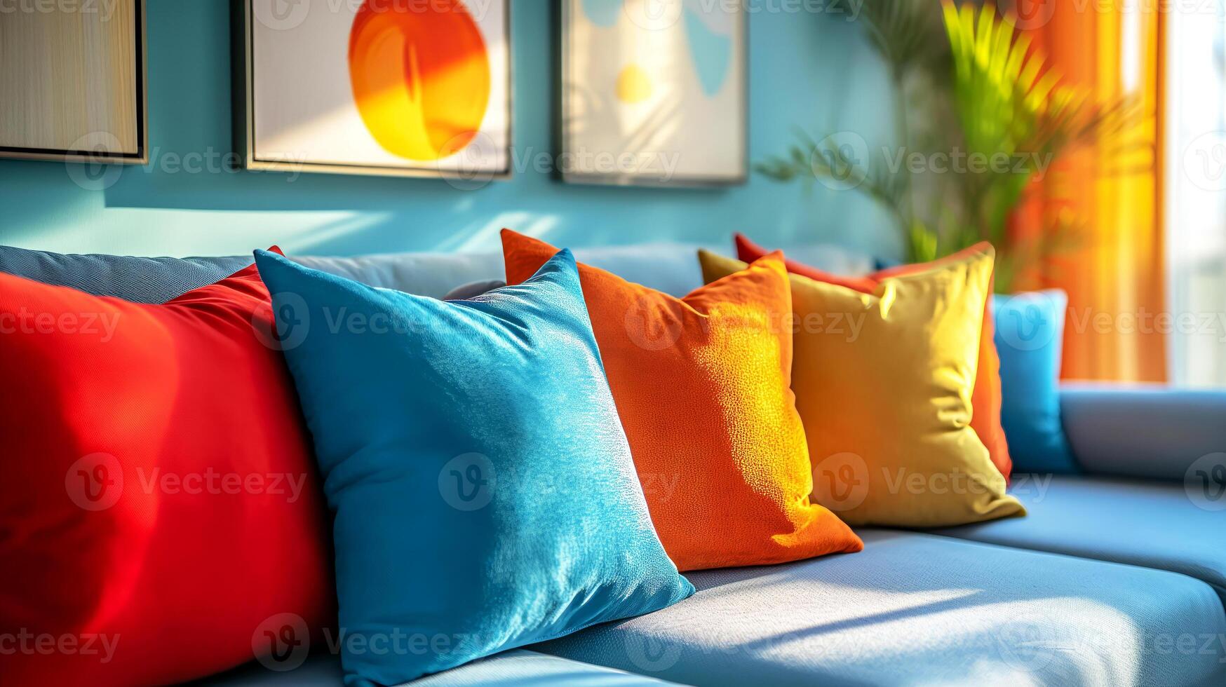 Vibrant living room design in rich and diverse color palette, blue sofa with colorful cushions in red, blue, orange, and yellow, on wall behind are modern art pieces that add artistic touch to room photo