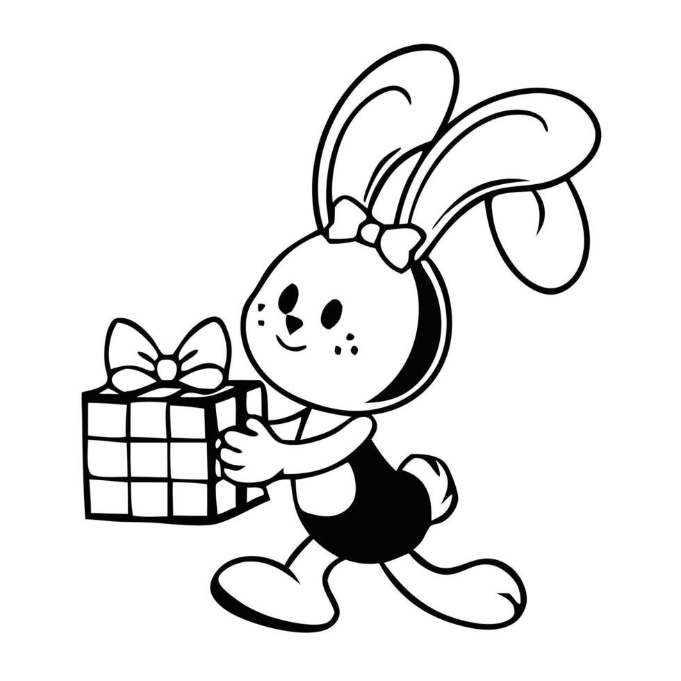 Happy Bunny Holding Present Box Illustration Cute Cartoon Outline Character vector