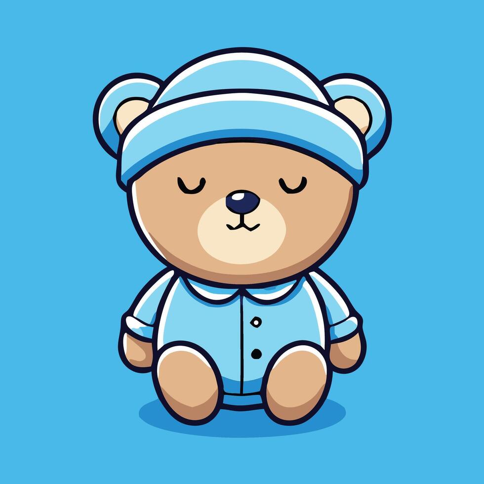 Cartoon Bear In Pajamas Sleeping Peacefully On A Blue Background Illustration vector