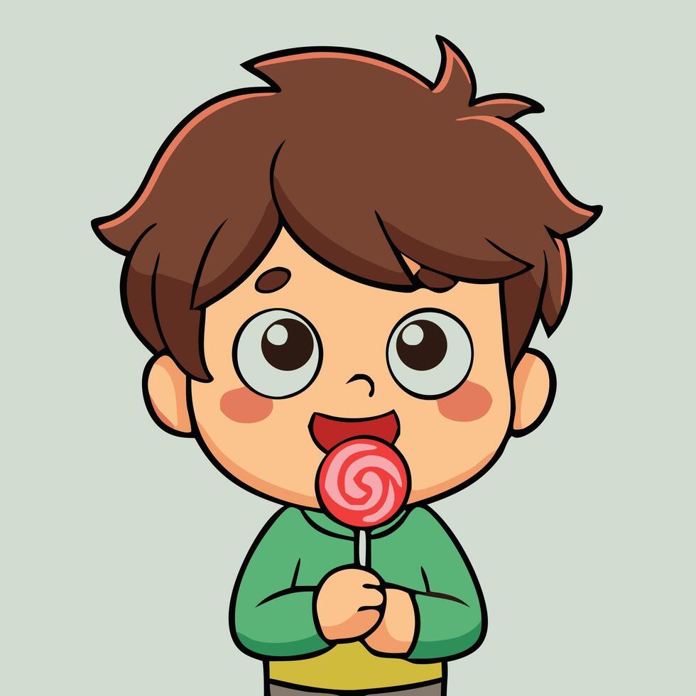 Cartoon Boy Enjoying A Swirl Lollipop Candy Sweet Treat Happiness And Joy vector