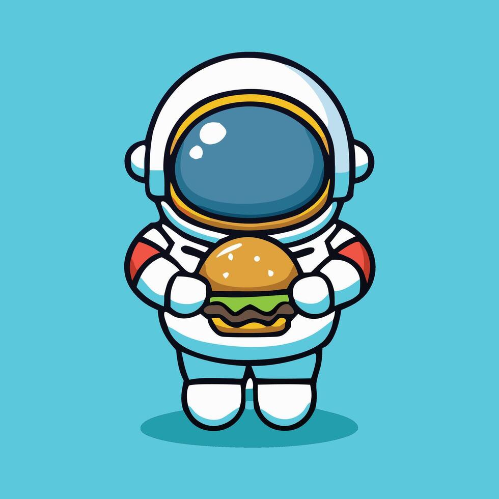 Cute Astronaut Cartoon Holding Burger Illustration With Light Blue Background vector