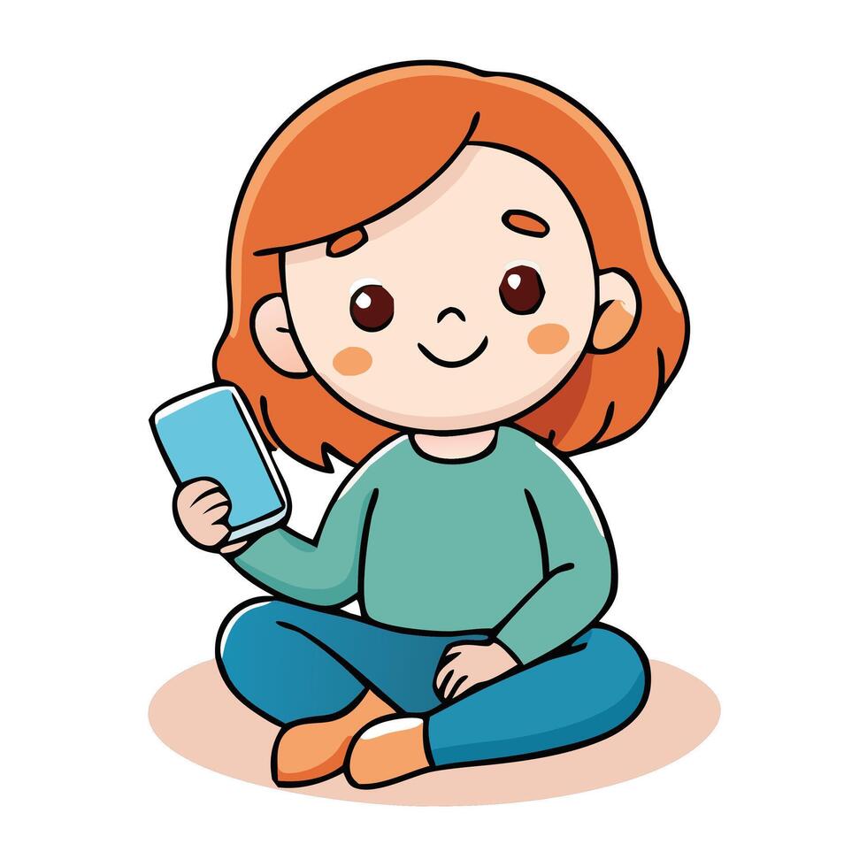 Girl With Orange Hair Sitting And Using A Mobile Phone Cartoon Illustration vector