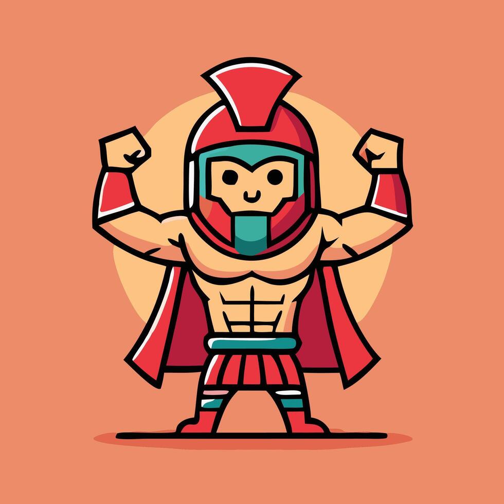 Cartoon Spartan Gladiator Character Flexing Muscles With A Red Cape And Helmet vector