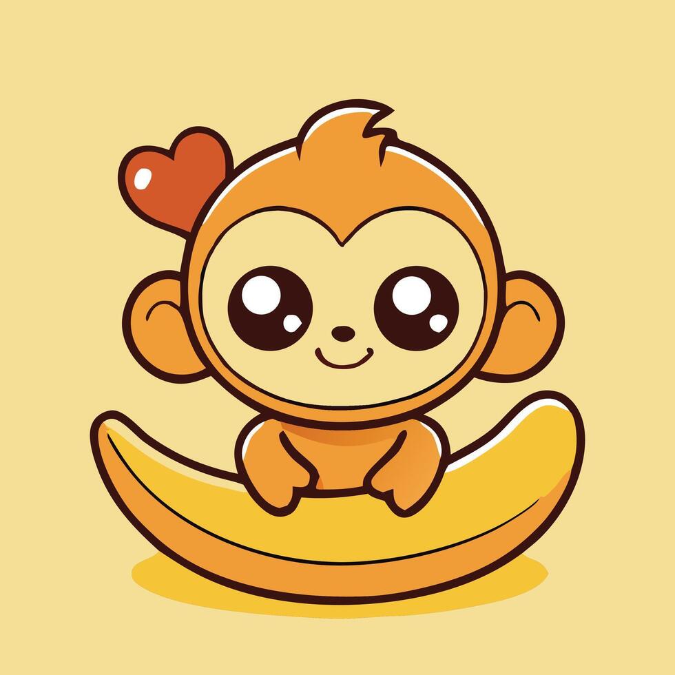 Cute Cartoon Monkey Sitting On Banana With Heart Illustration vector