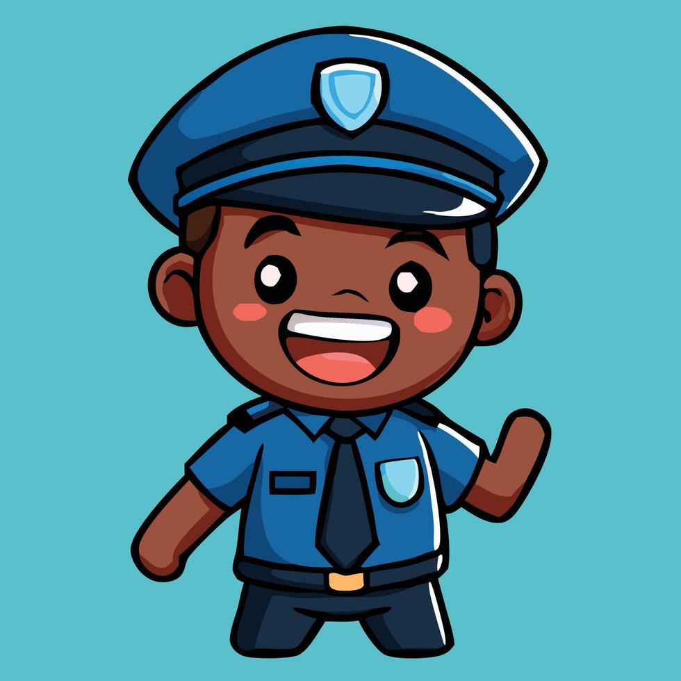 Cartoon African American Policeman Smiling And Waving Against A Blue Background Illustration vector