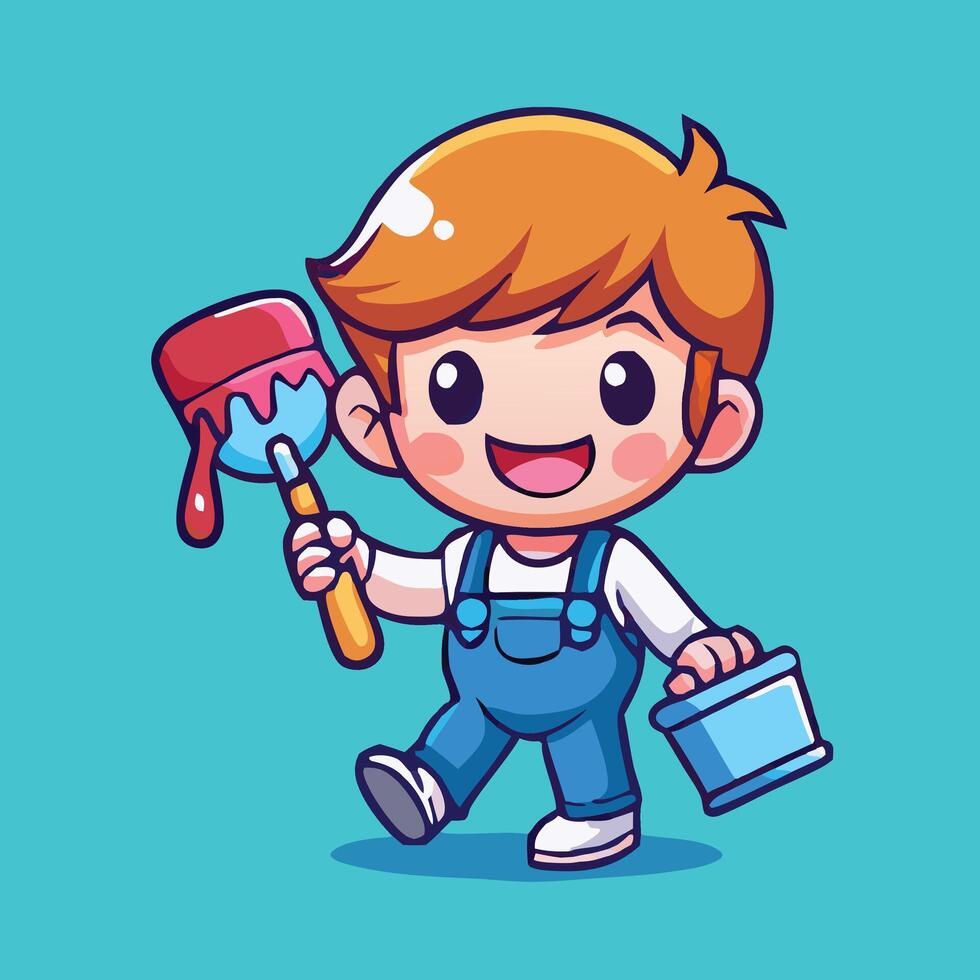Cute Painter Boy Cartoon Illustration Holding Brush And Paint Can On Turquoise Background vector