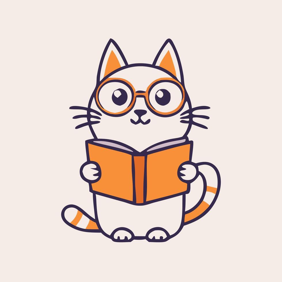 Cartoon Cat Wearing Glasses And Reading A Book Illustration vector