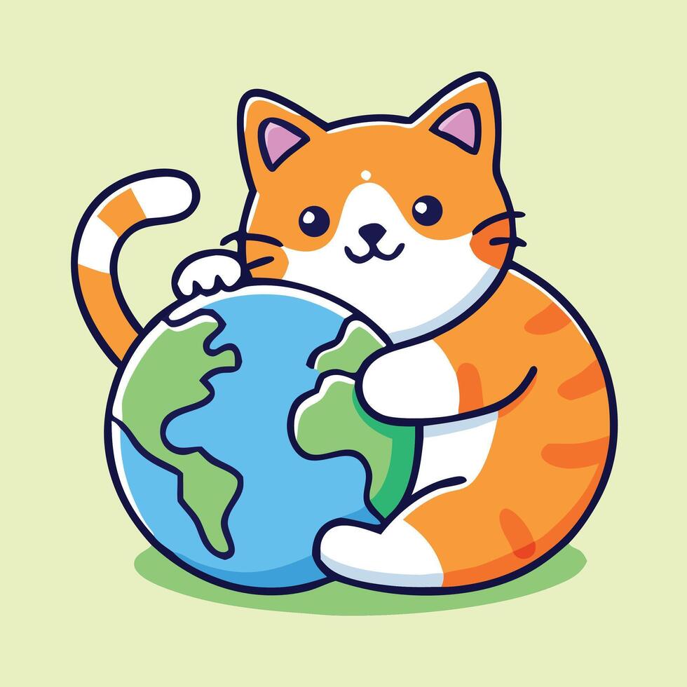 Cute Cartoon Cat Hugging Earth Globe Illustration For World Environment Day vector
