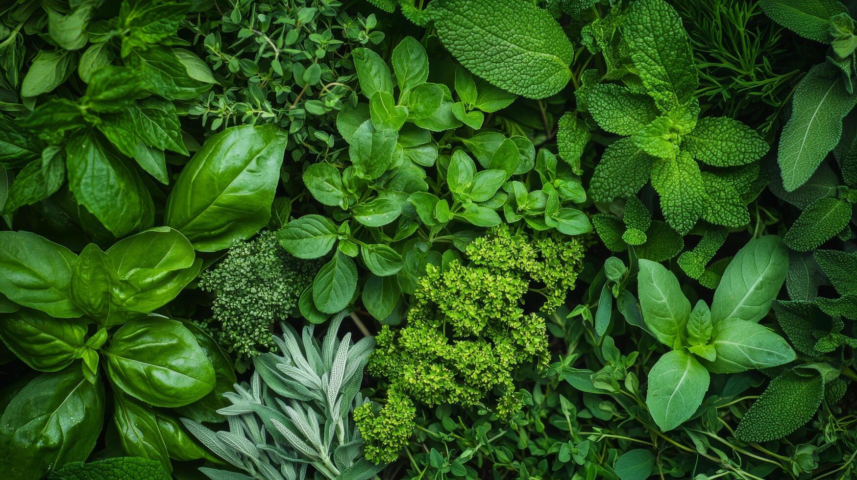 A vibrant assortment of fresh green herbs, including basil, mint, and sage, arranged beautifully, showcasing their rich textures and hues. photo