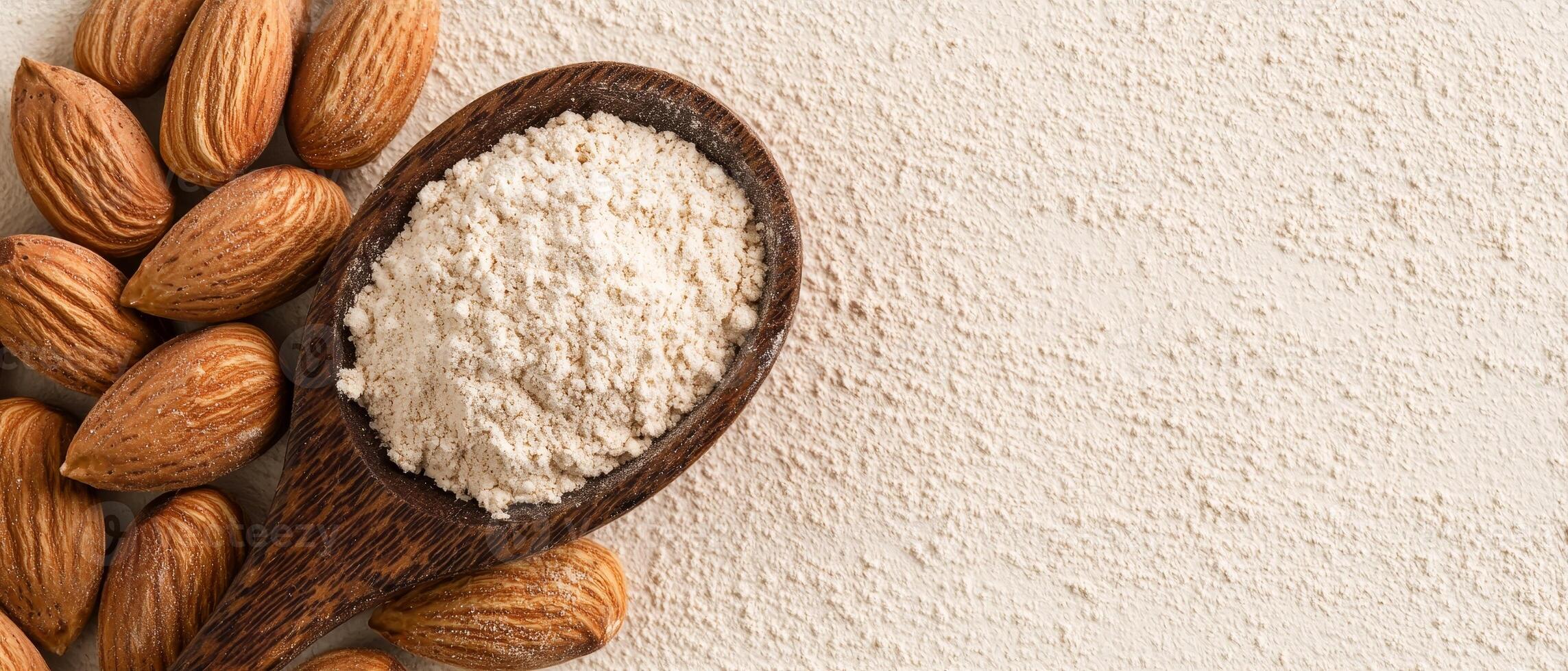 A wooden spoon holds almond flour next to whole almonds on a textured surface, highlighting a healthy ingredient for cooking and baking. photo