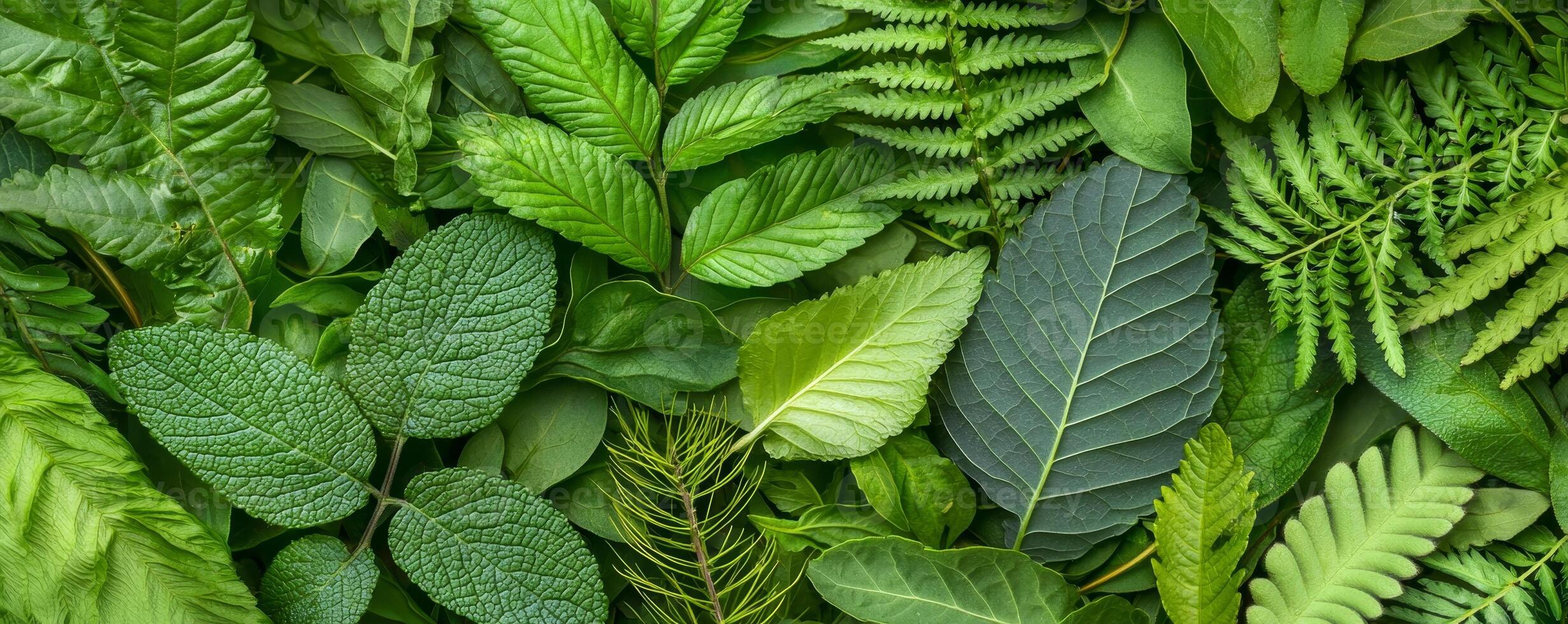 A vibrant collection of various green leaves, showcasing different textures and shapes, creating a lush and natural aesthetic. photo