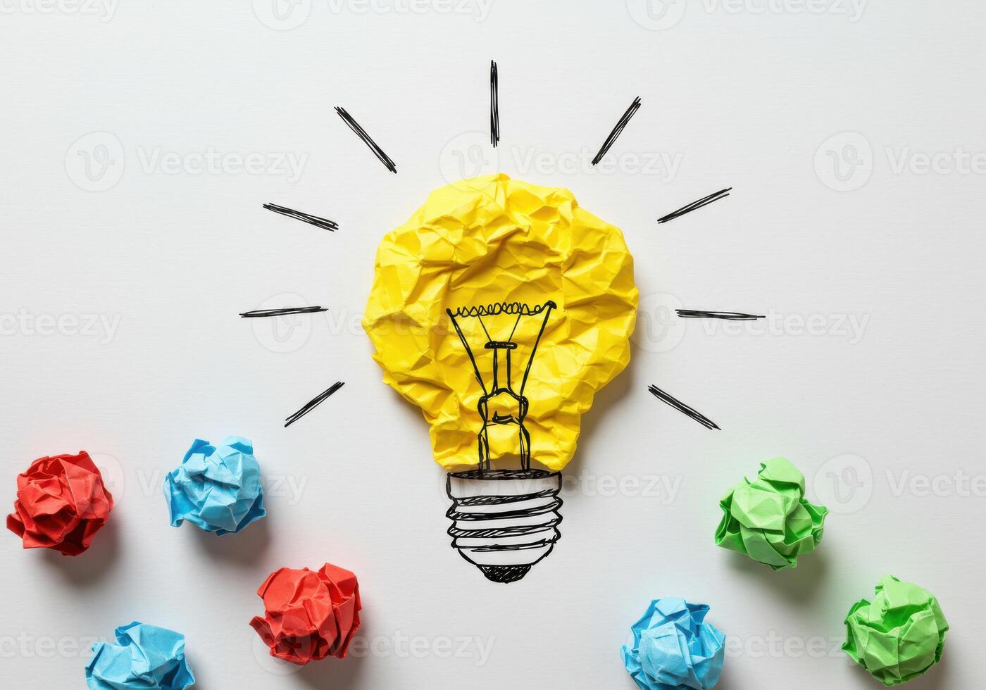 Colorful Crumpled Paper in Lightbulb Shape with Surrounding Balls Representing Creative Ideas and Innovation photo