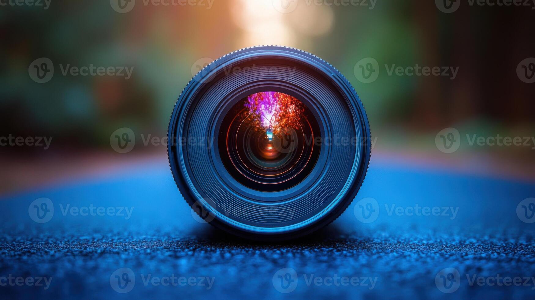 Focus on a camera lens capturing colorful lights in a natural setting during sunset photo